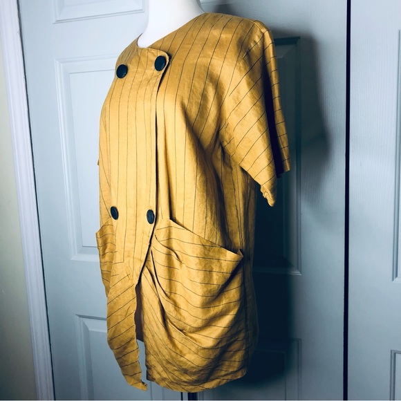 ‘80s Linen Oversize Double Breasted Summer Jacket Blazer Mustard Color Size L - Picture 7 of 11